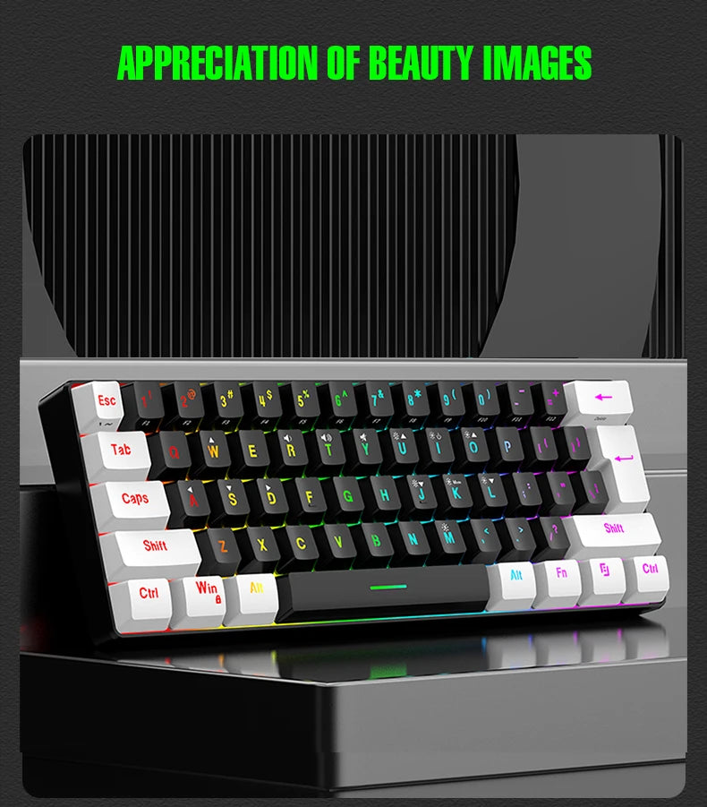 Teclado mecânico com fios de 61 teclas, branco, com switch preto e azul, à prova de água, iluminação RGB, kit para gaming e escritório, PUBG, retroiluminado