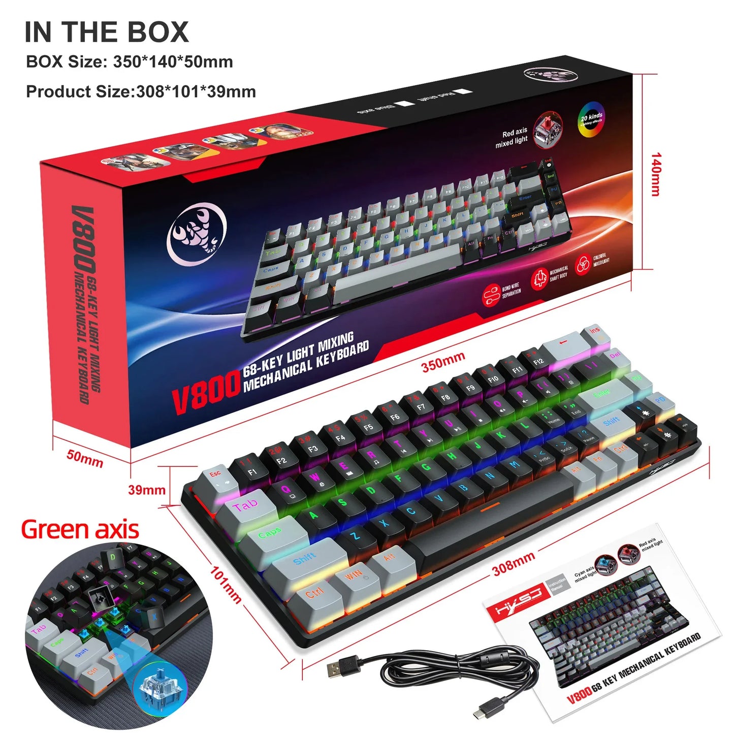 Teclado mecânico gaming 60% USB com teclas brancas, mini teclado gamer ergonómico para computador, retroiluminado, música, teclado para PC