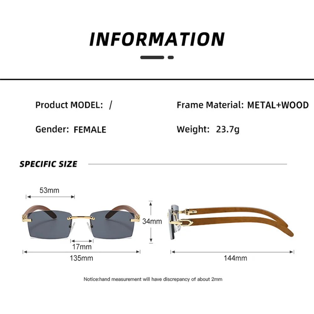 Rectangle Fashion Rimless Sunglasses for Women Men Gangster 90s Frameless Shades Retro Vintage Trendy Wooden Frame Eyewear