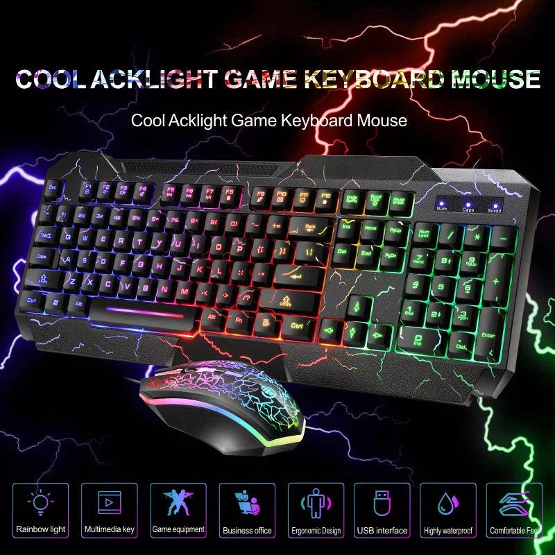 Conjunto de Teclado e Rato Gaming com Fios para Computador de Secretária, Sensação Mecânica e Retroiluminação LED