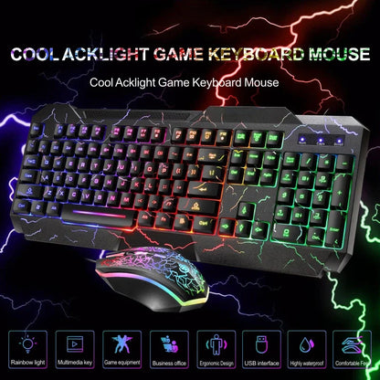 Conjunto de Teclado e Rato Gaming com Fios para Computador de Secretária, Sensação Mecânica e Retroiluminação LED