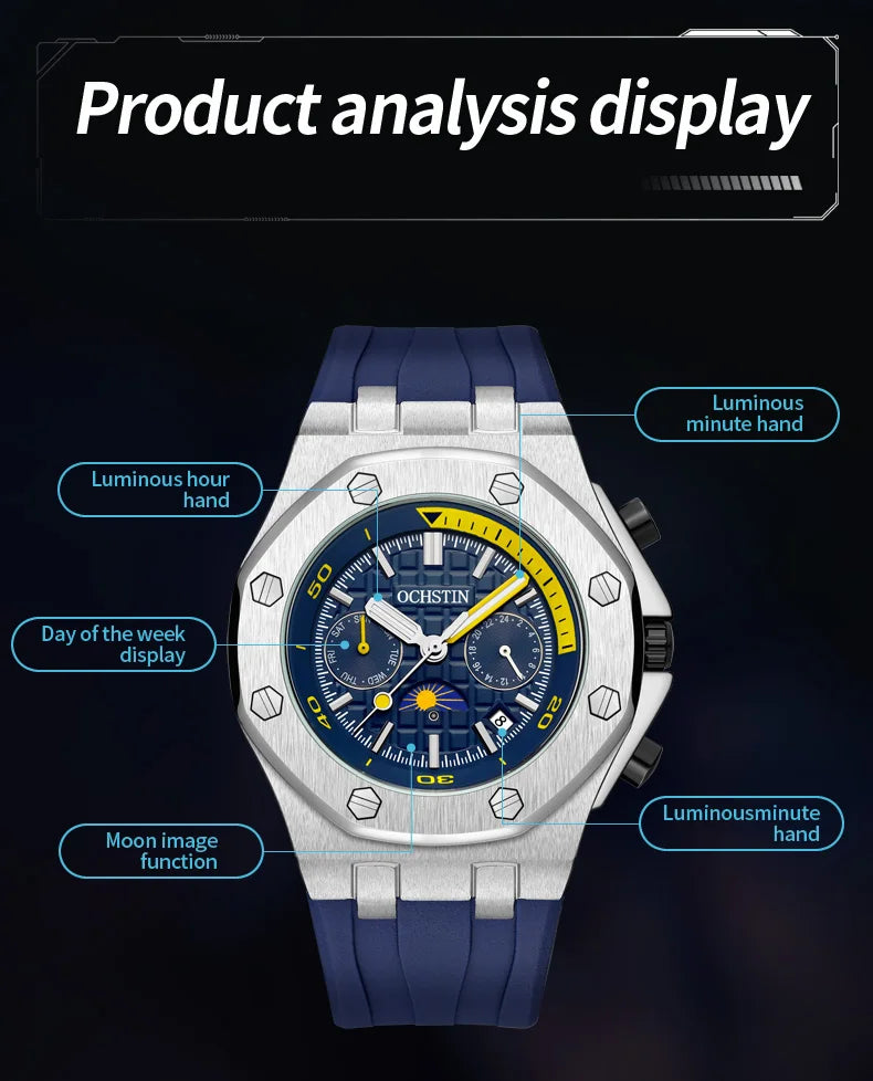 OCHSTIN Automatic Men Watches Luxury Designer Octagon Bezel Mechanical Date Day Night Dial Luminous Male Trendy Sport Wristwatch