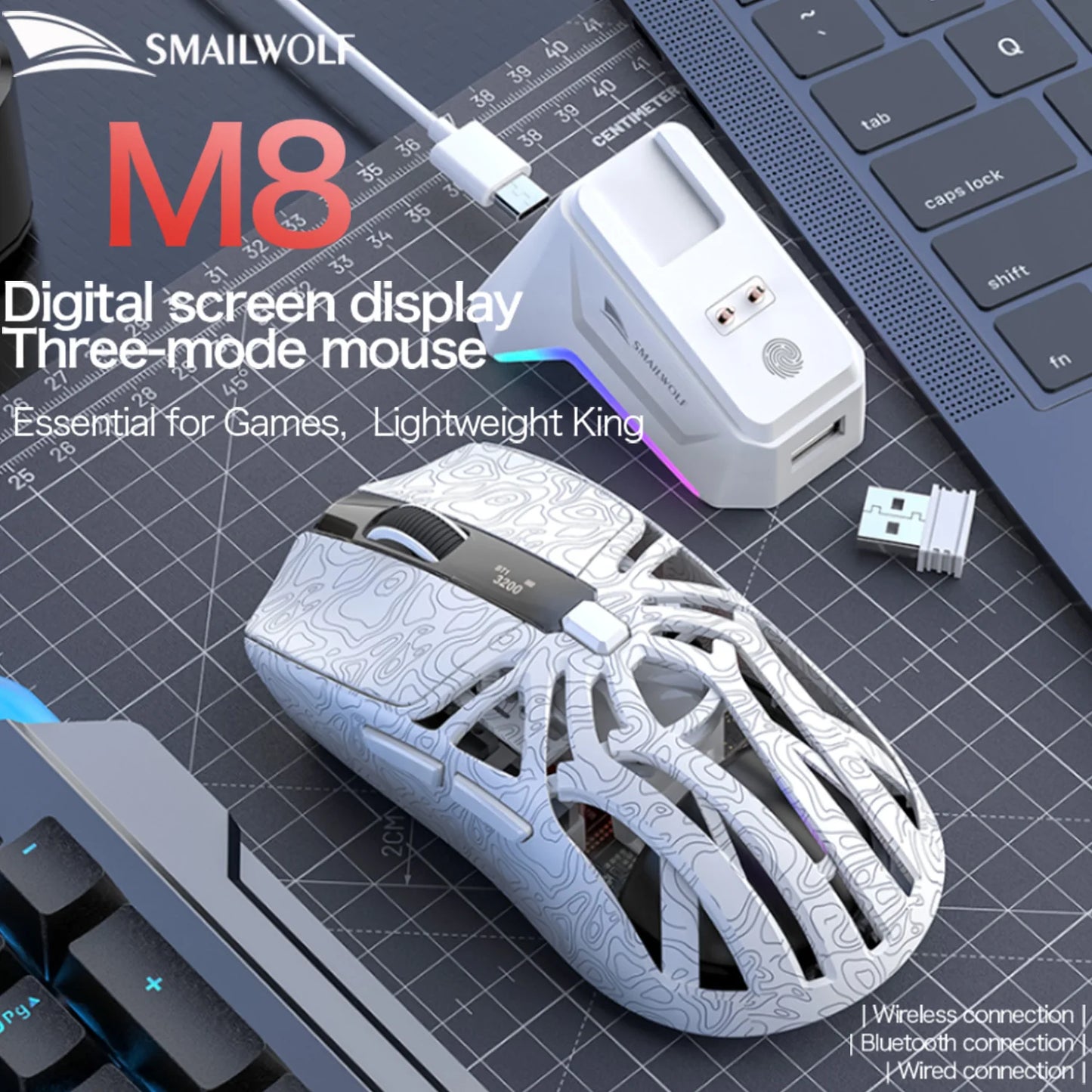SMAILWOLF M8 Bluetooth Wireless Gaming Mouse, Tri-Mode RGB Rechargeable Mouse with PAW3311 Sensor, 12000 DPI Lightweight Gaming Mouse for PC & Office