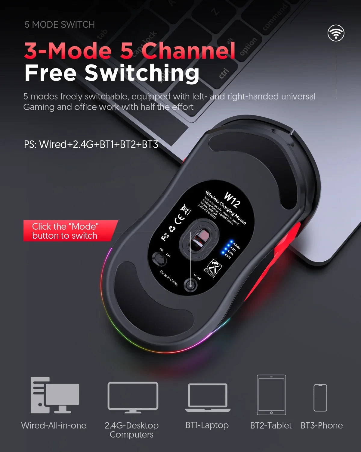 Mouse gaming macro MKESPN W12 a 10 pulsanti, ambidestro, wireless Bluetooth multi-canale tri-mode, grande RGB ergonomico