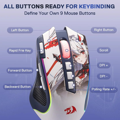 Redragon M612AK PRO RGB Gaming Mouse Wireless & Wired, 8000 DPI Optical Gaming Mouse with 9 Programmable Buttons, RGB Backlit Ergonomic Gaming Mouse