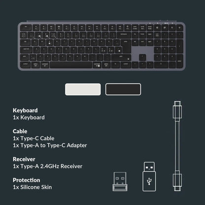 Teclado sem fios ultrafino Keychron B6 Pro com layout ISO, tamanho completo, portátil e leve, ligações 2.4GHz e Bluetooth