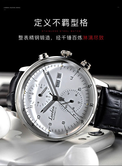 Mens Business Watch Mechanical Movement Multifunction Chronograph Stainless Steel Waterproof Automatic Calendar Sapphire