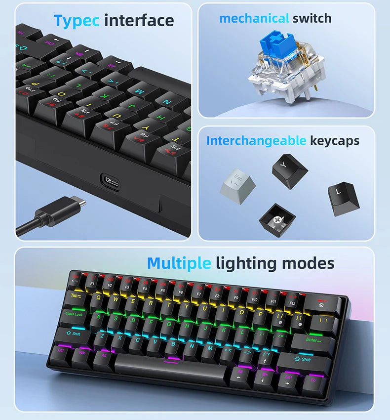 Teclado mecânico gaming com fios APAYADO K61 60% Mini Phantom RGB, 61 teclas, switches vermelhos/azuis, ergonómico, portátil para PC/portátil