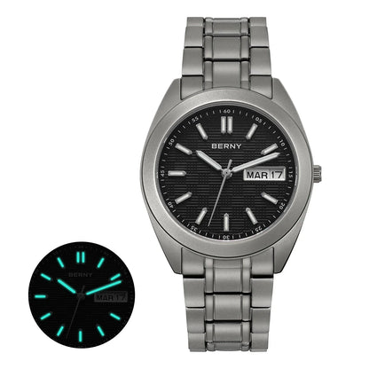 BERNY Full Titanium Men Watch Date Week Quartz Watches Calendar Sapphire Super Luminous 100M Waterproof Lightweight Wristwatch