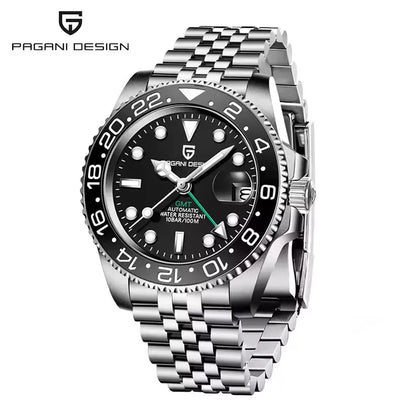 Montre mécanique pour homme PAGANI DESIGN (40 mm) – Cadran violet, fonction GMT, bracelet type Jubilee, verre saphir, étanche, mouvement automatique