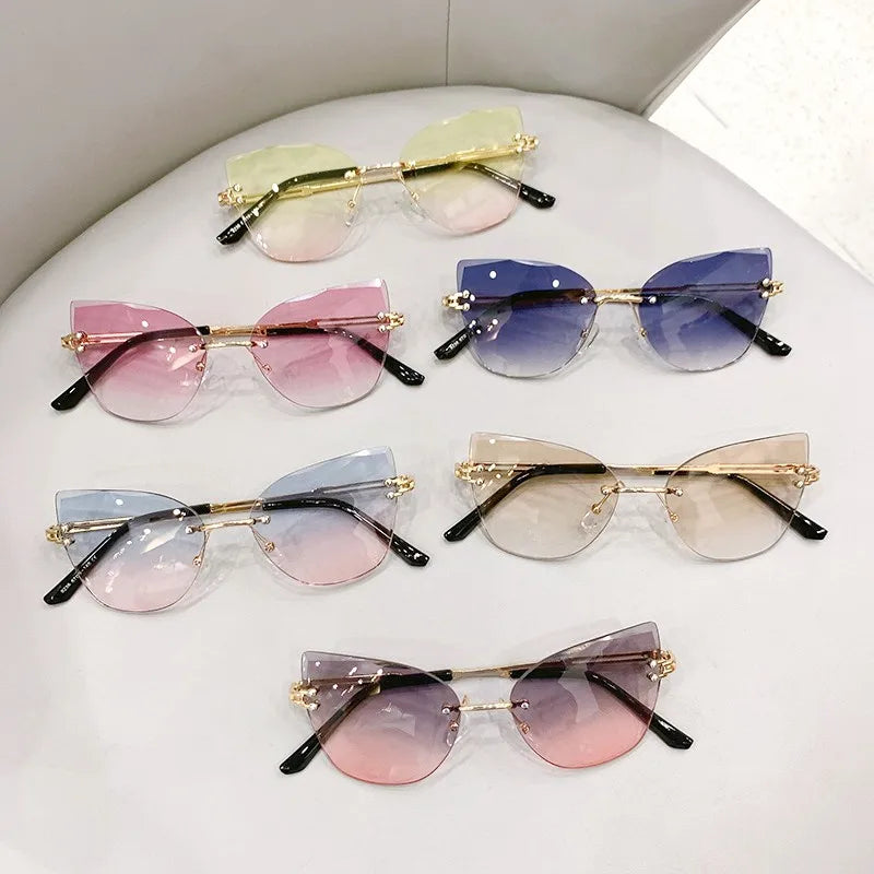 KLASSNUM Vintage Rimless Sunglasses Women Men Cat Eye Gradient Lens Sun Glasses UV400 Shades Protection Goggles for Party Xmas