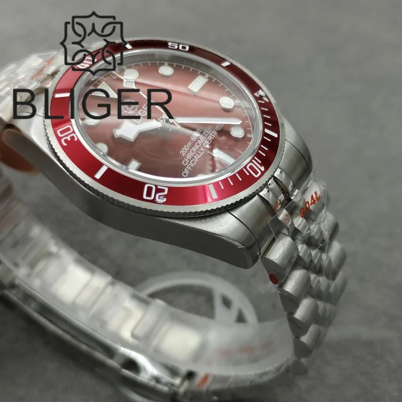 BLIGER 39mm Classic Wine Red Diver Watch For Men NH35 Mechanical Domed Sapphire Glass100m Waterproof Super Luminous Reloj Hombre