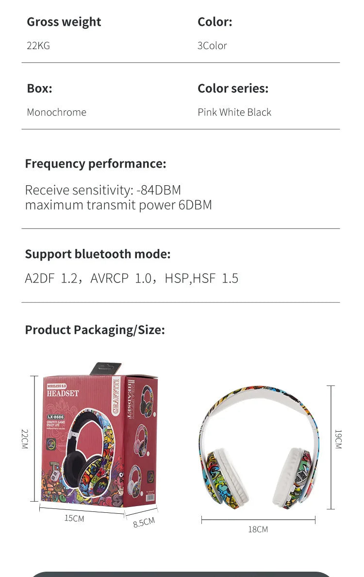 Auscultadores Gaming Bluetooth Sem Fios New Graffiti LX-8686 com Microfone, Iluminação LED, Suporte para Cartão TF, Graves Profundos e Design Over-Ear para PC, Gaming e Crianças