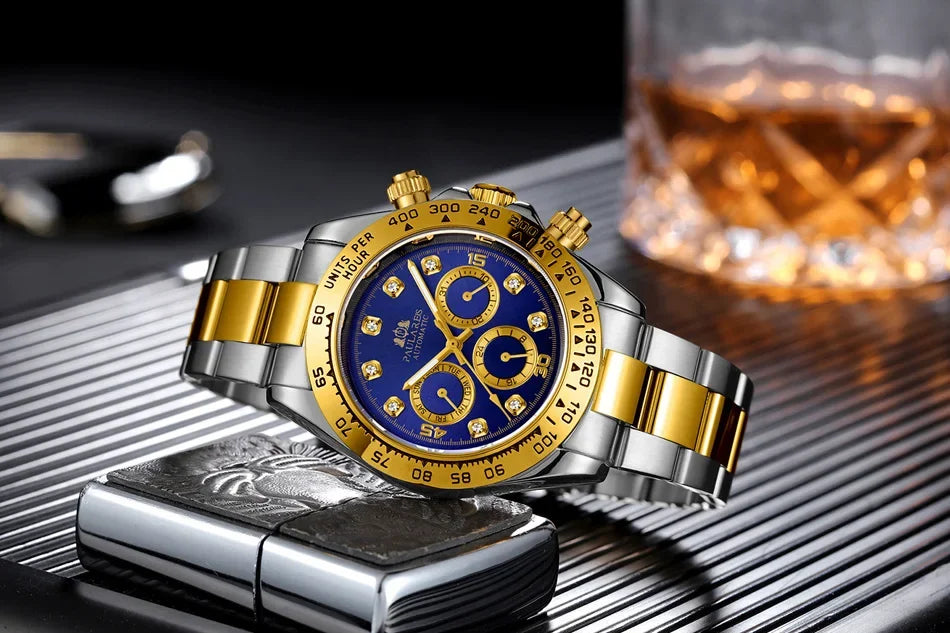 Automatic Mens Watch Mechanical Self Wind Movement Gold Black Stainless Steel Diamonds Stone Sports Luxury Fashion Watches