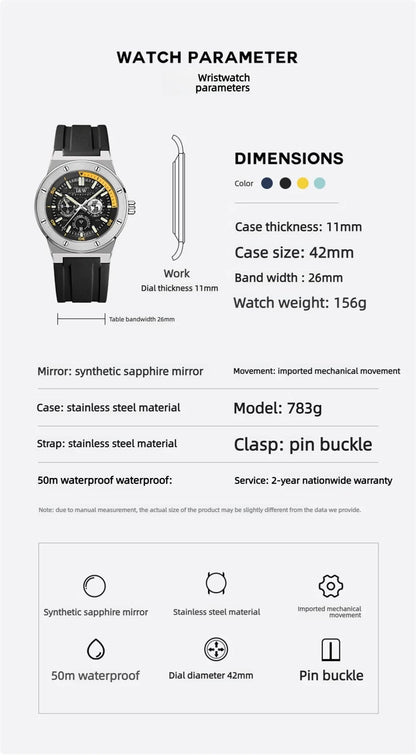 Carnival Brand IW High-End Series Luxury Imported Movement Mechanical Watch Men Sport Rubber Strap 50m Waterproof Fashion Watch