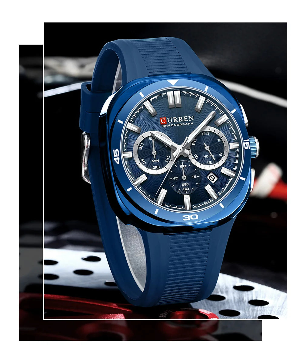 CURREN herenhorloge – Nieuw luxe quartzmodel, siliconen band, sportieve stijl, multifunctioneel, waterdicht, verlicht, met datumweergave en chronograaf.