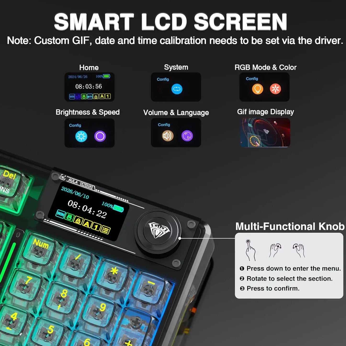 AULA F98Pro V3 Mechanical Keyboard W/ Rotate Button RGB Backlight Screen Tri-Modes Game E-sports Special Carved 95 Keycaps