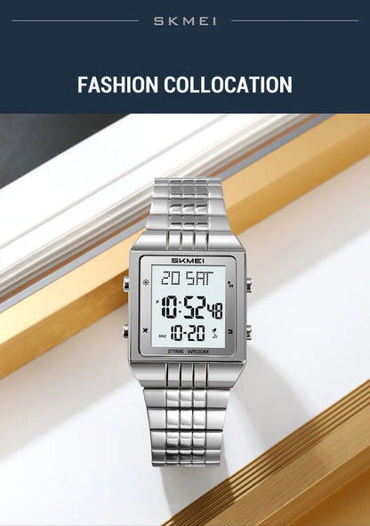 Skmei Luxury Digital Watches for Mens LED Waterproof Date Week Display Chronograph Fashion Dual Time Zones Bracelet Steel Watch
