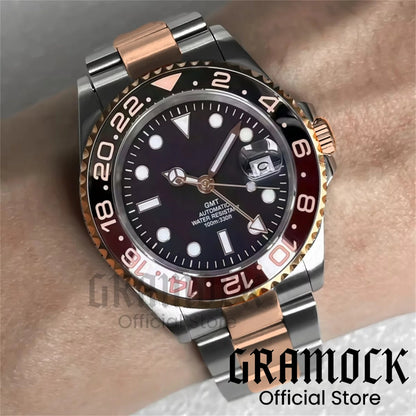 Gramock Rose Gold 40MM GMT NH34A Mechanical Watches Date Sapphire Crystal 100M Diving Rotating Bezel Men's Automatic Wristwatch