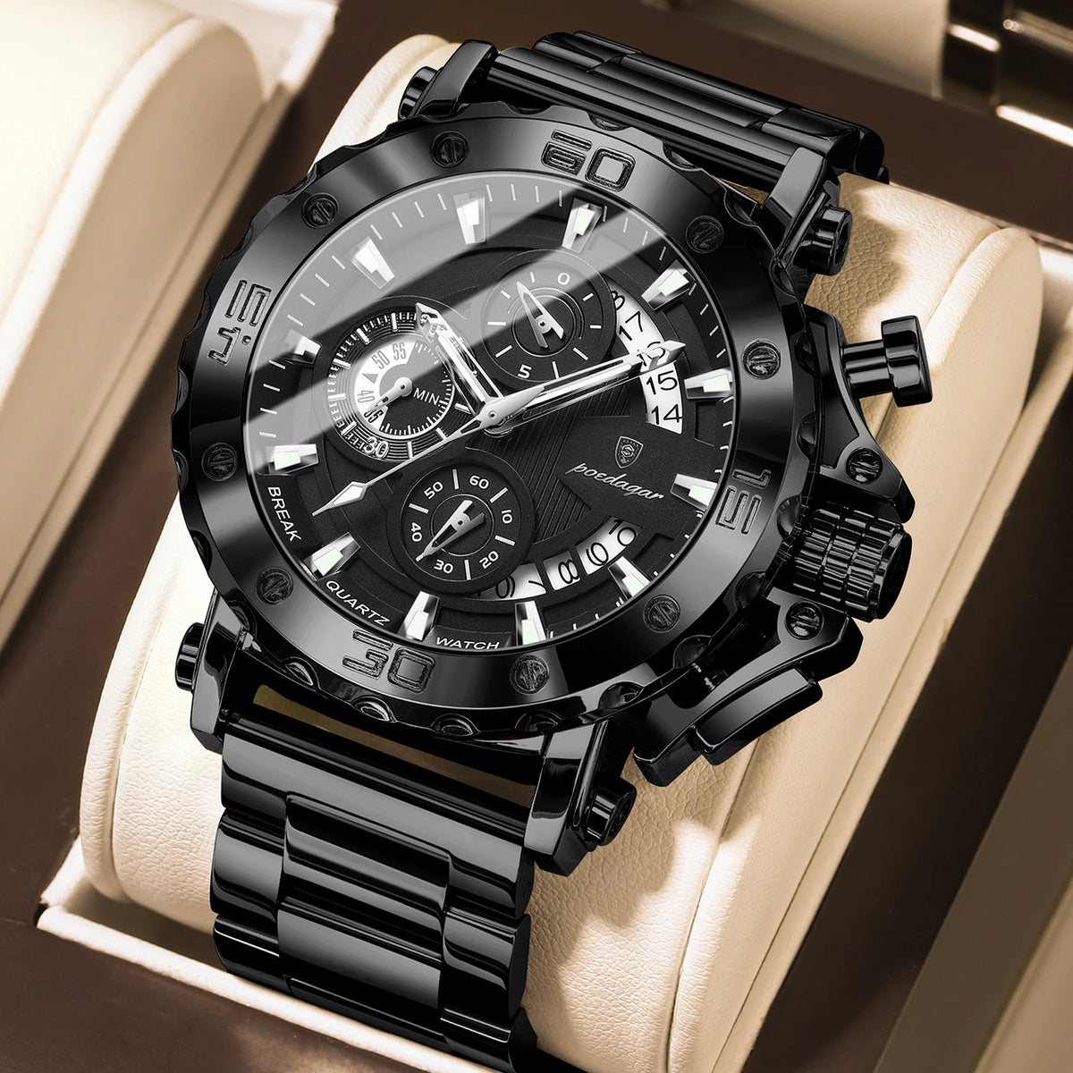 POEDAGAR Herren-Luxusuhr, leuchtend, wasserdicht, Chronograph, Datumsanzeige, Edelstahl, Quarz, Reloj