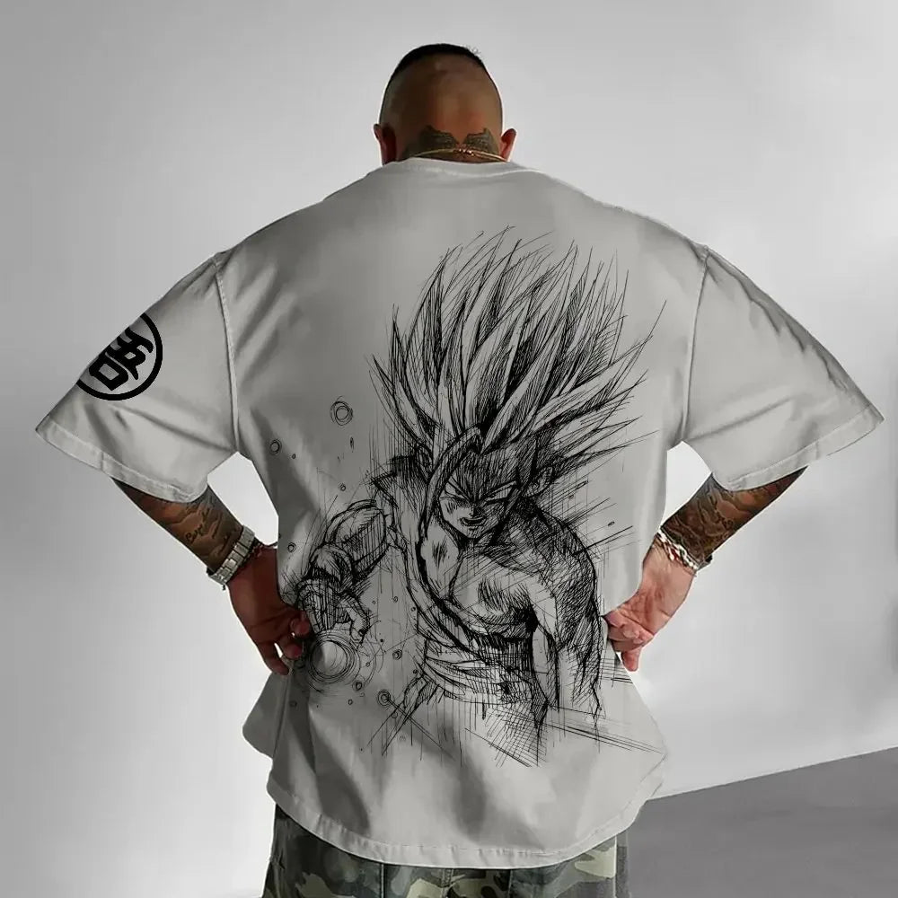 T-shirt da uomo Dragon Ball Animation estiva, nuova stampa fronte-retro, vestibilità ampia casual Harajuku, maniche corte trendy, top coordinato genitore-figlio