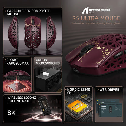 ATTACK SHARK R5 Ultra bežični gaming miš od karbonskih vlakana, gaming senzor PixArt PAW3950MAX, 42000DPI, 8000Hz, MCU Nordic 52840