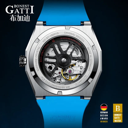 BONEST GATTI BG7601 Men's Automatic Mechanical Watch Sapphire Crystal Waterproof Luminous Rubber Strap Wristwatch