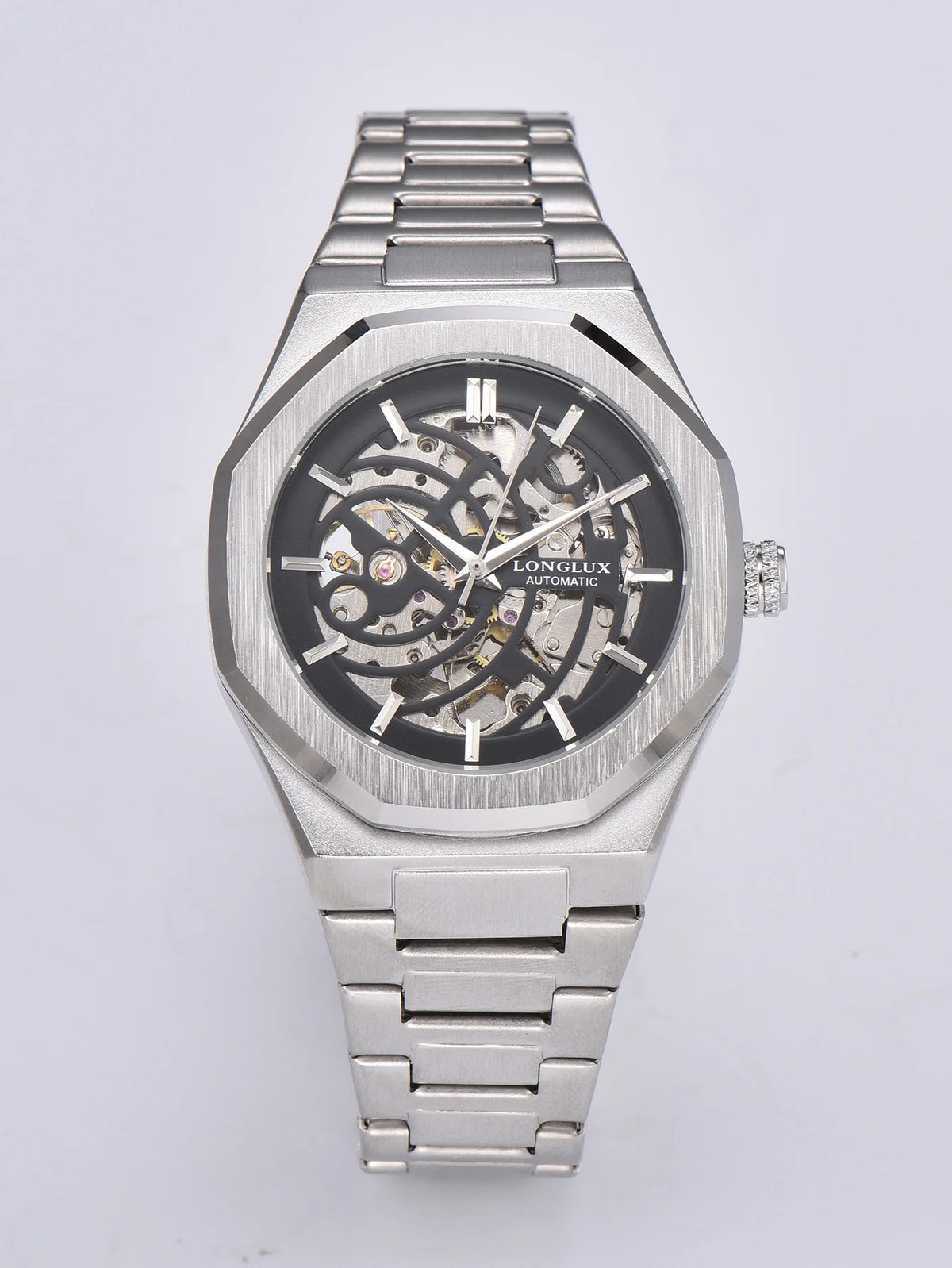 LONGLUX automatic watch business mechanical watches simple skeleton waterproof stainless steel cost effective mens watch gift