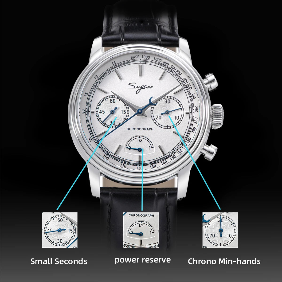 Sugess Watch of Men Pilot 1963 Wristwatches ST1906 Chronograph Handwind Movement Domed Sapphire Waterproof PowerReserve Lume V2