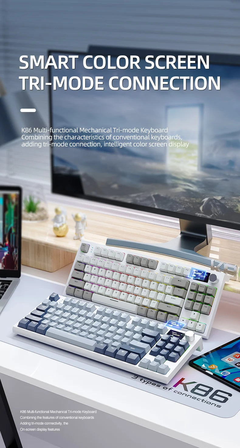 ATTACK SHARK K86 Mechanical Keyboard with Metal Knob,TFT Smart Color Screen,87-key Layout,RGB Lighting,and Three-mode Connection