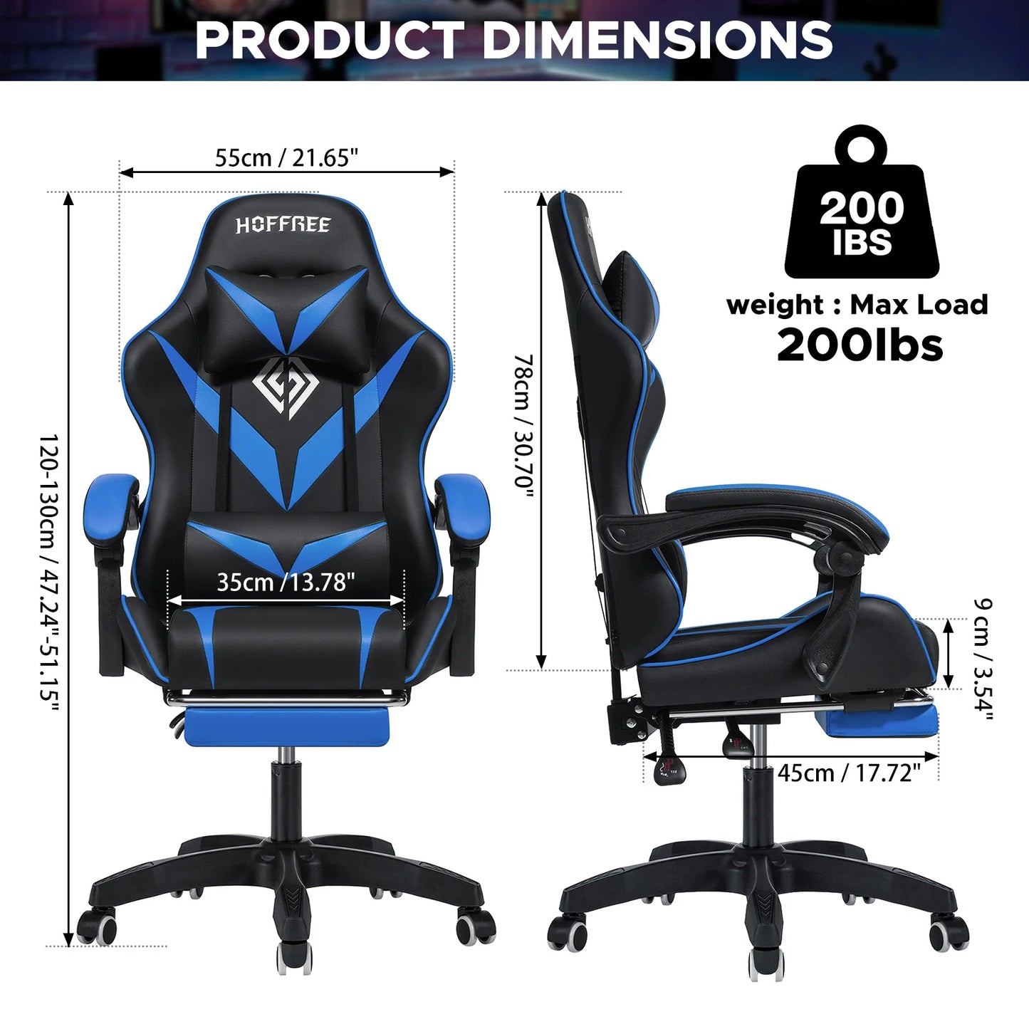200Lbs Gaming Chair with Massage Lumbar Support, Ergonomic PC Gaming Chair with Footrest, Reclining Adjustable Armrest Computer Chair