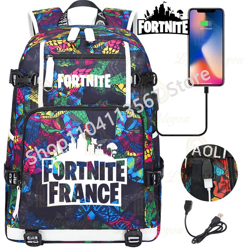 Yule Trooper F-Fortnited Battle Royale Backpack with USB Charging Anime Figures Study Stationery Compartment Students Mochila