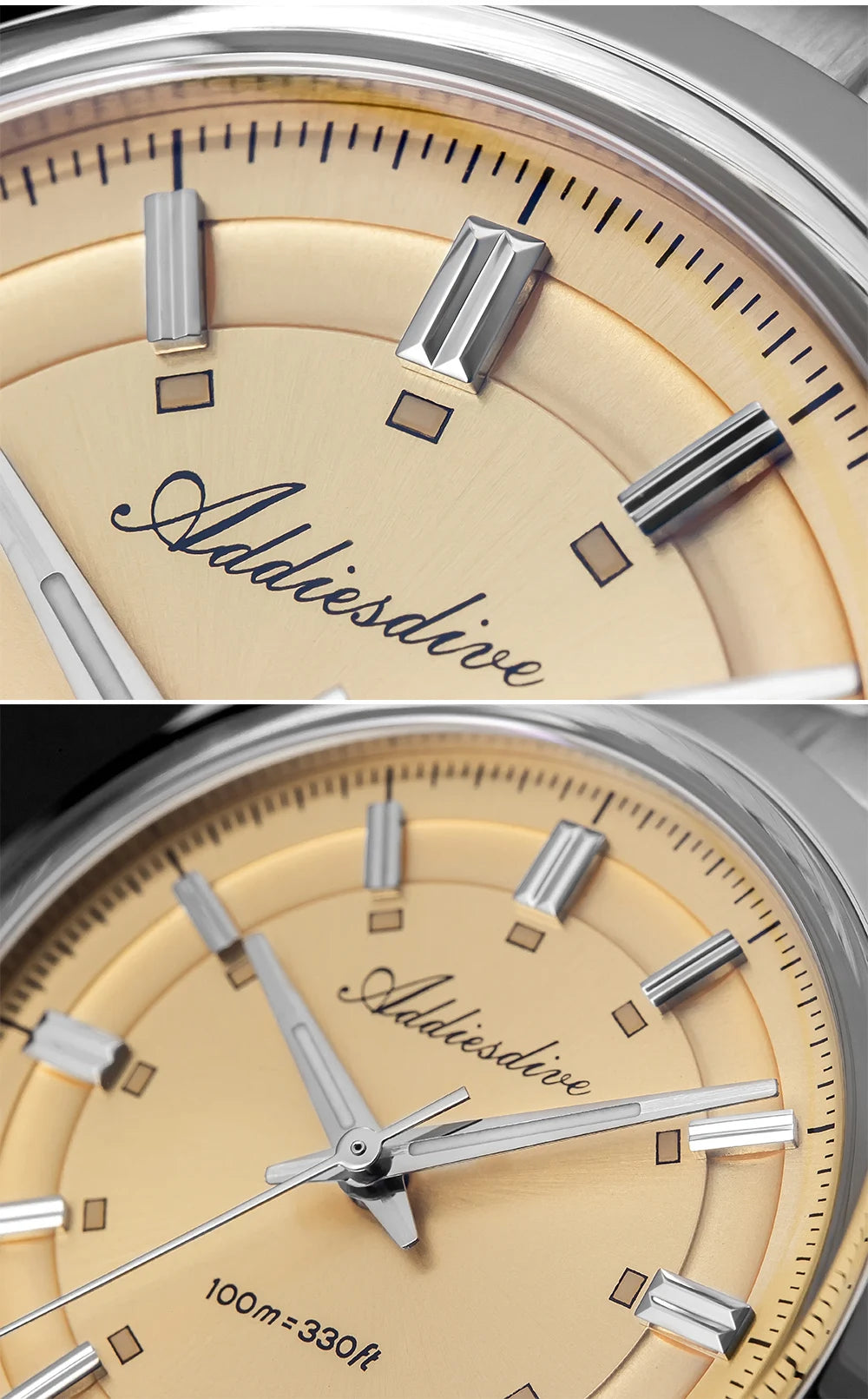 ADDIESDIVE – Prabangus analoginis vyriškas laikrodis, kvarcinis mechanizmas VH31, išgaubtas stiklas, atsparumas vandeniui iki 10 barų, švytinti danga BGW9, plieninis korpusas – Individualizuojamas modelis AD2515