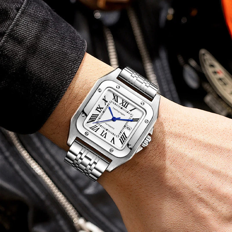 High-End Business Series Men's Watches, Fully Automatic Mechanical Watches, Skeleton Design, Butterfly Clasp Stainless Steel Strap, High-End Luxury Small Square Men's Watches, Fashionable Business Casual Multifunctional Men's