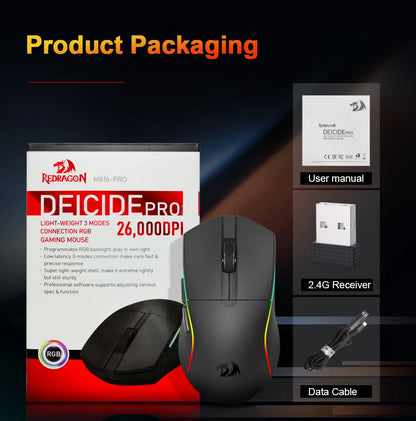 Mouse gaming REDRAGON DEICIDE M816 PRO RGB USB con supporto Bluetooth 2.4G wireless, 26000 DPI, 6 pulsanti per gamer, mouse cablato per computer