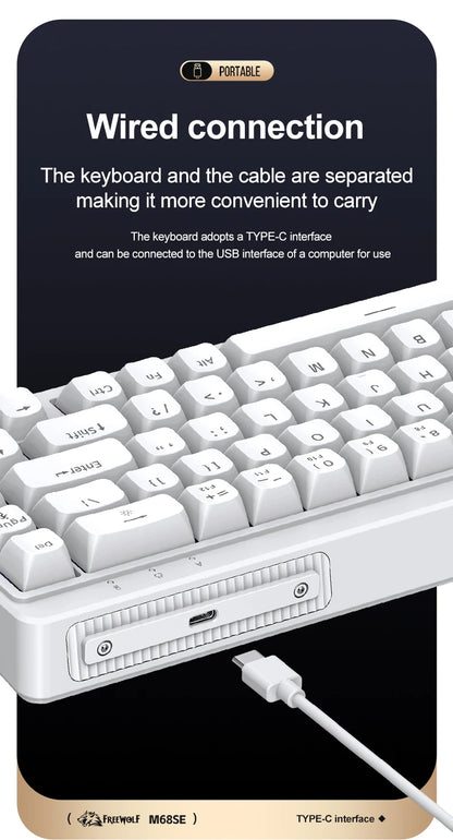 FREEWOLF M68SE 68% Mini Wired Keyboard RGB Backlit Silent Mechanical Feel Type-C Detachable Cable for PC Mac