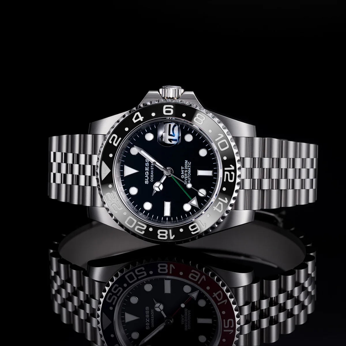 Sugess GMT Diving Watch of Men Automatic Mechanical Waterproof Wristwatches Peacock SL3032 Movement Ceramic Bezel Jubille Band
