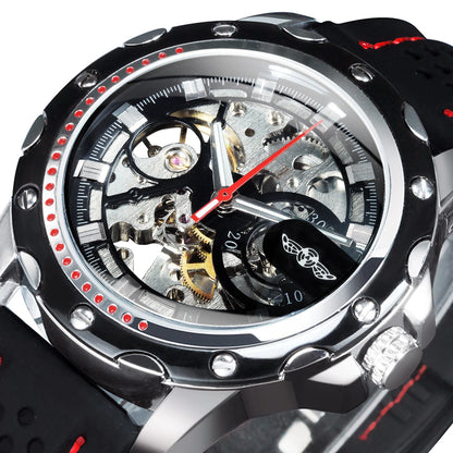 Relógio automático para homem WINNER – Modelo mecânico esqueletizado, ponteiros luminescentes, bracelete em borracha, estilo desportivo e luxuoso, ideal para atividades ao ar livre