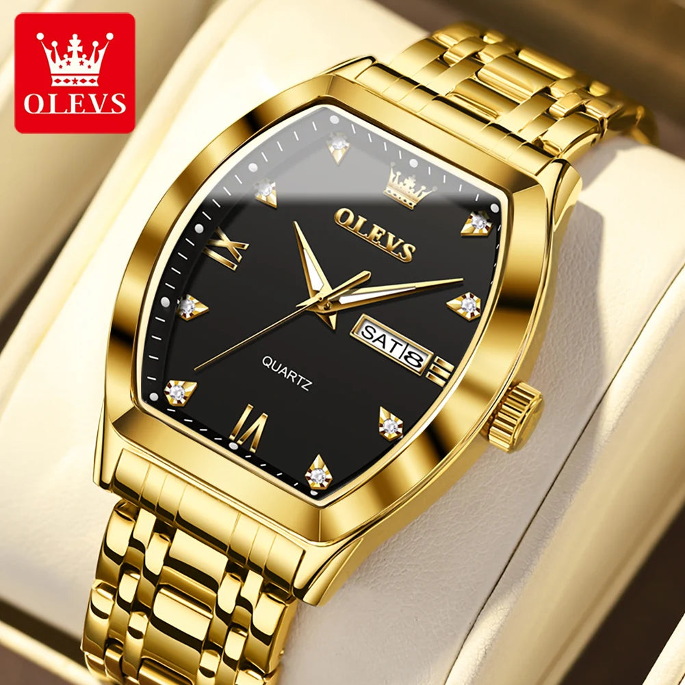 OLEVS New Men's Watches Quartz Luxury Gold Watch Classics Tonneau Dial Top Brand Waterproof Luminous Quartz Watch for Men 5528