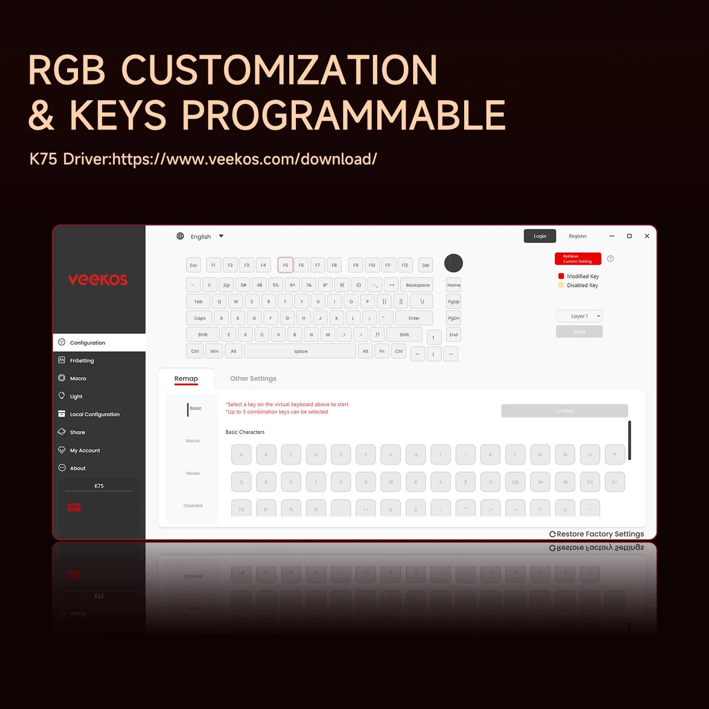 Teclado mecânico gaming AKKO 5075 X Veekos K75, teclado 75% RGB, hot swap 3/5 pinos, com fios, personalizado, com botão rotativo e gasket