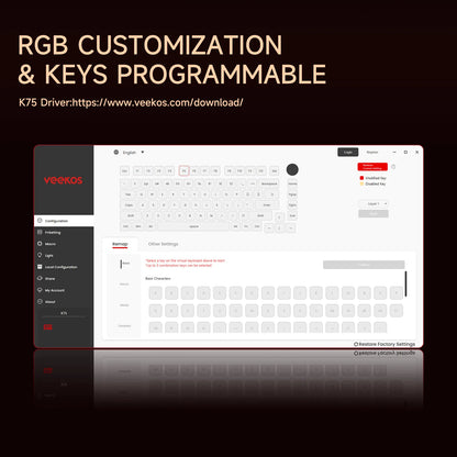Teclado mecânico gaming AKKO 5075 X Veekos K75, teclado 75% RGB, hot swap 3/5 pinos, com fios, personalizado, com botão rotativo e gasket