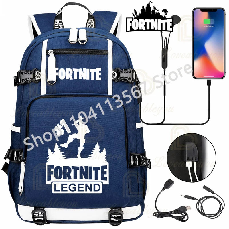 Yule Trooper F-Fortnited Battle Royale Backpack with USB Charging Anime Figures Study Stationery Compartment Students Mochila