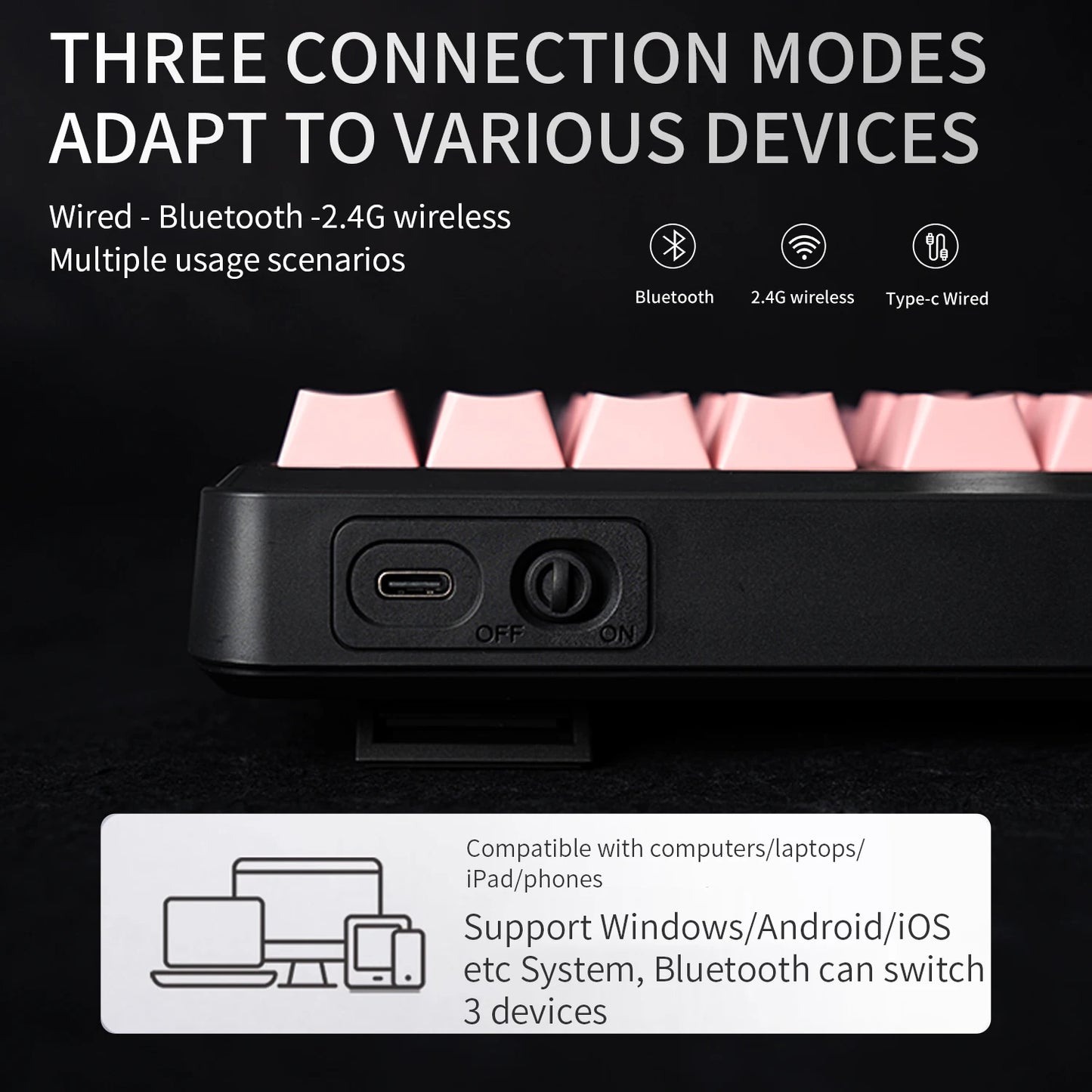 Teclado Bluetooth V108 Pro para escritório, baixo ruído, 2.4G, com e sem fios, layout completo, membrana com retroiluminação RGB