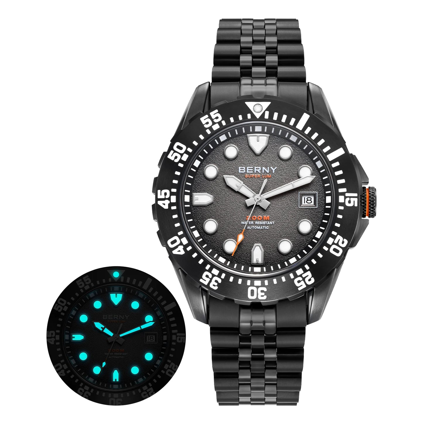 BERNY Men's Automatic Diver Watch Supper Luminous Sapphire AR Coated MIYOTA 8215 316LStainless Steel Single Crown Diving Watches