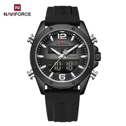NAVIFORCE Men Quartz LCD Dual Display Watch With Silicone Strap 3ATM Waterproof Shockproof Night Light Round Case Sport Casual