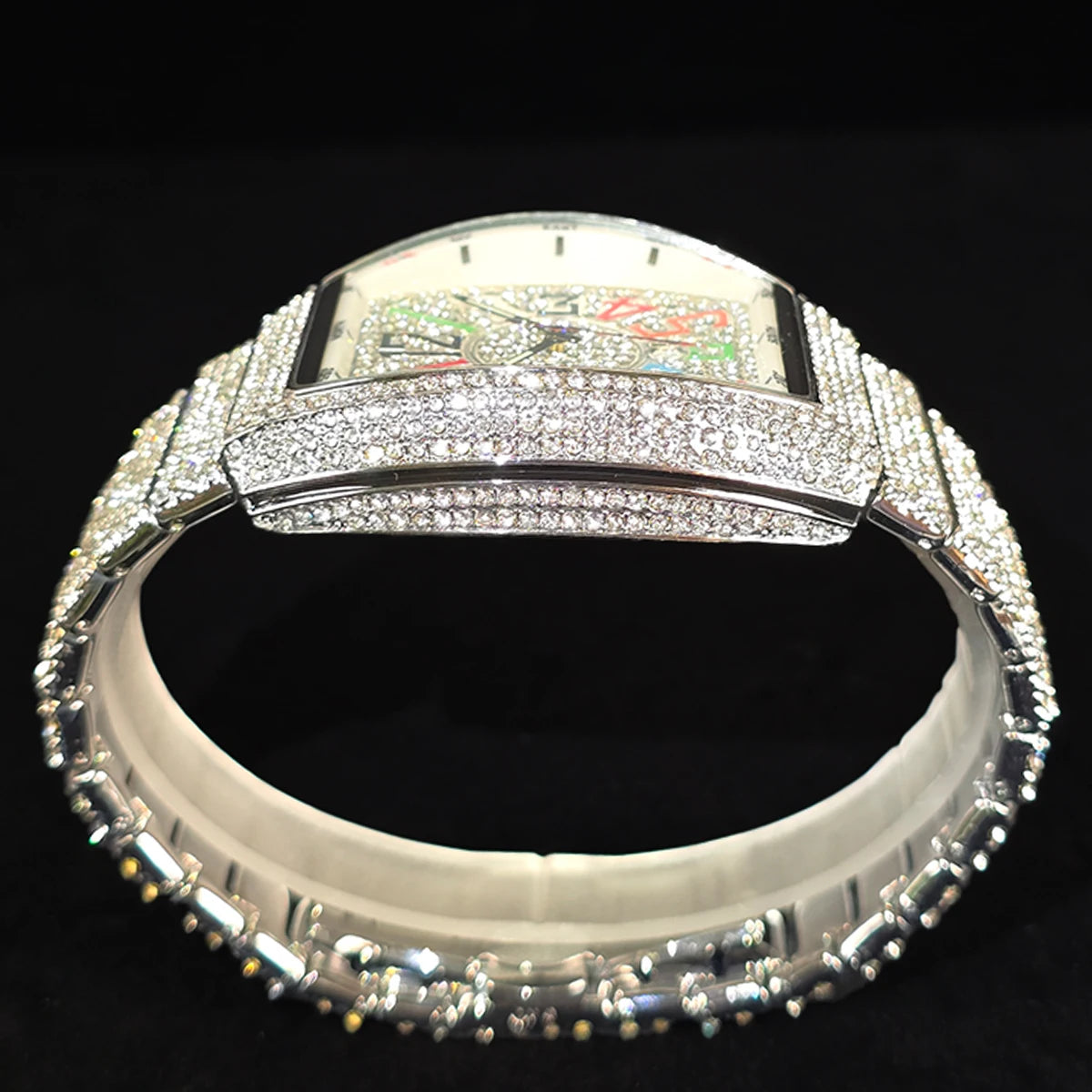 Men's Luxury Barrel-Shaped Quartz Watch With Black Iced Diamond Rainbow Number Dial Luminous Hands Watches For Man Dropshipping