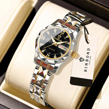 Montre pour femme BINBOND : montre à quartz robuste, luxueuse, luminescente et étanche, dotée d'un affichage précis de la date et du jour de la semaine.