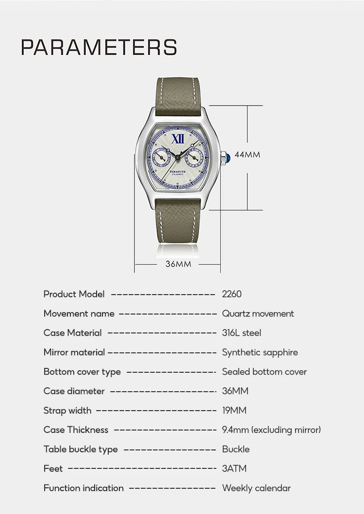 FARASUTE 2024 New 36mm Men's Quartz Watch VH64 Movement Stainless Steel Sports Fashion Sapphire Glass Waterproof Men's Watch