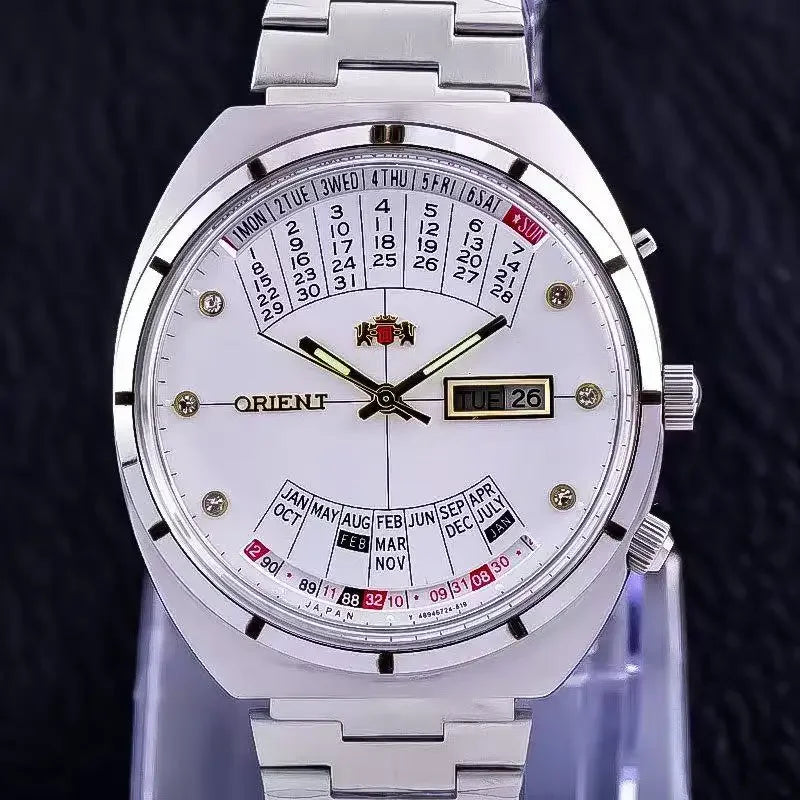 ORIENT Double Lion Men's Auto Mechanical Watch Perpetual Calendar Multi-Function Stainless Steel Band Luminous Japan Movement