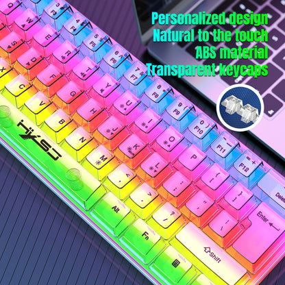 Teclado Gaming Transparente com Fio HXSJ 60%, Retroiluminação RGB, Ultra-Compacto, Impermeável, Teclado Compacto Pequeno de 61 Teclas para PC/Mac